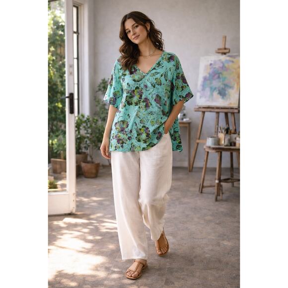 Click Tops - Click Linen Lagenlook Top Large Blue Floral Artsy Relaxed Fit Minimalist Casual